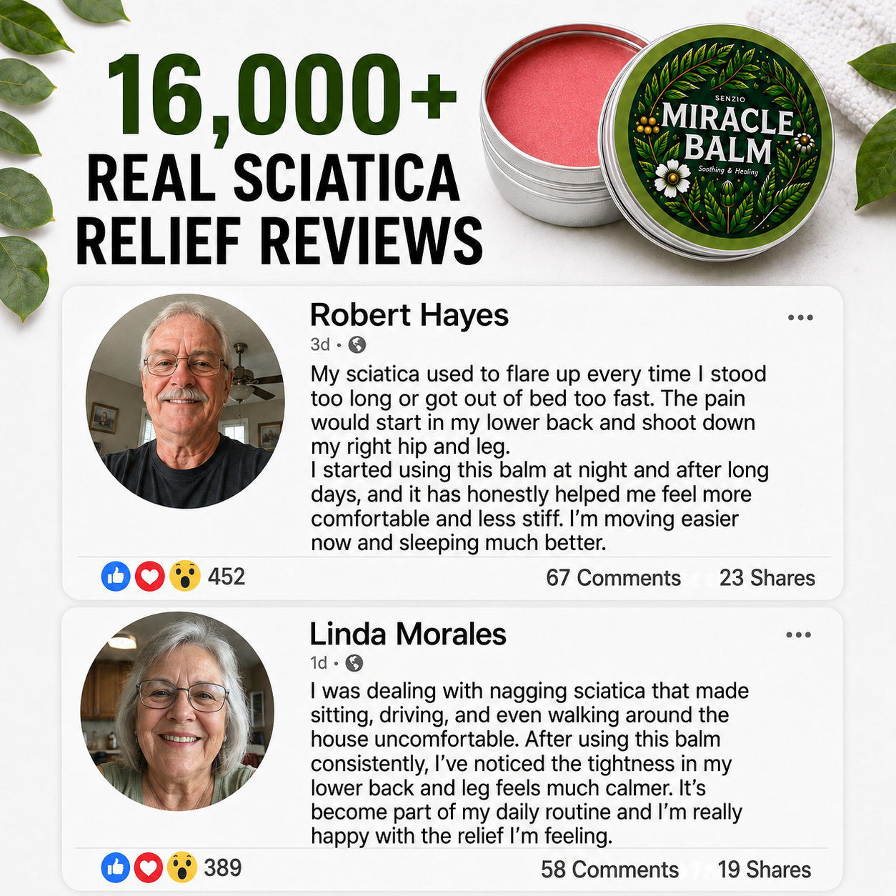 Promotional graphic for Miracle Balm featuring a round tin of pink balm, a social media-style review feed with user photos and text, and large headline text reading '16,000+ REAL SCIATICA RELIEF REVIEWS'.