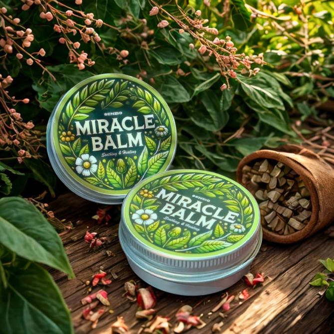Miracle Balm rodeado de hierbas