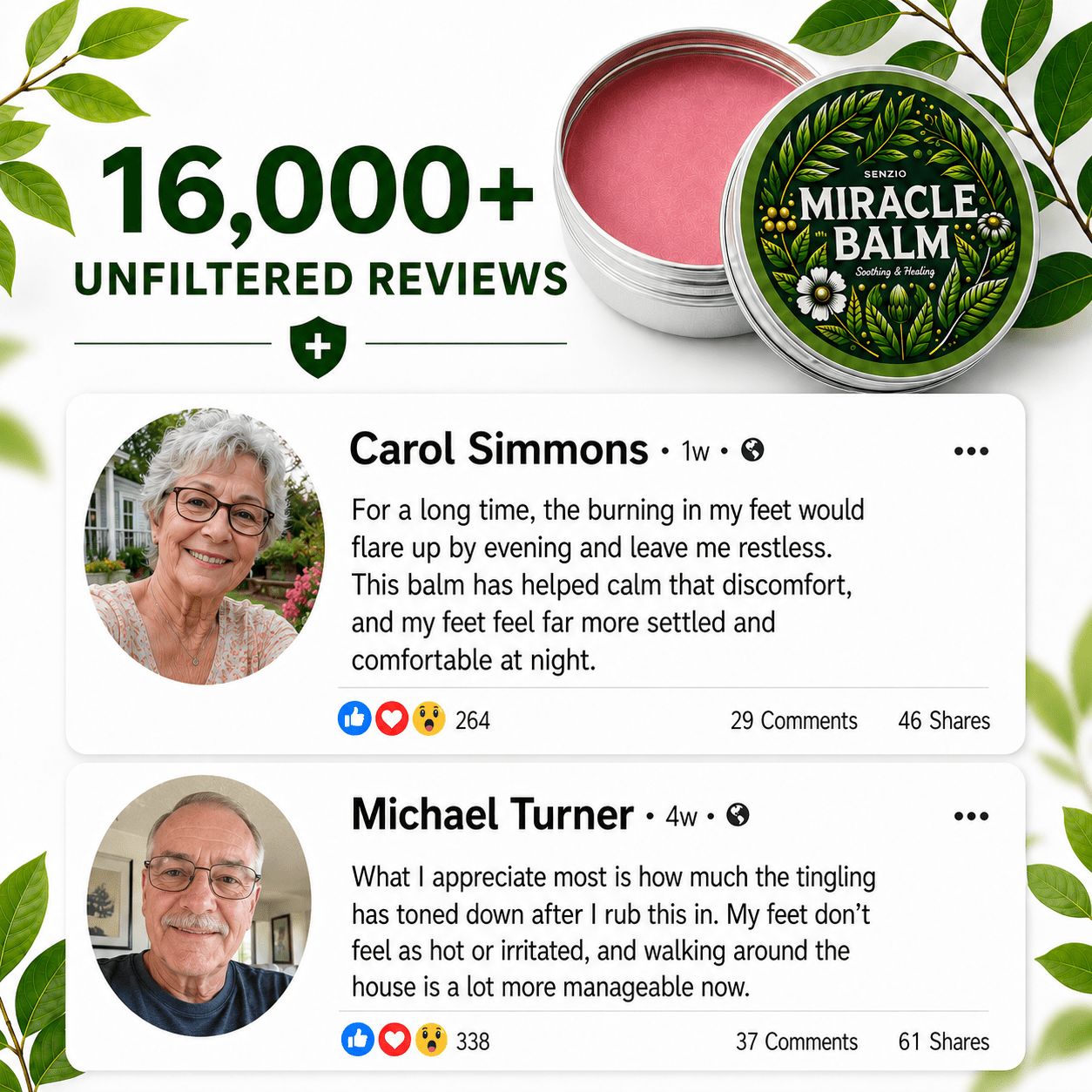 Senzio Miracle Balm™: Neuropathy Powerhouse - SenzioSenzioPromotional graphic for a foot balm product showing a round tin labeled 'Miracle Balm' with pink balm visible, plus large text reading '16,000+ UNFILTERED REVIEWS' and two customer review cards with user photos and review text. Decorative green leaves frame the design.