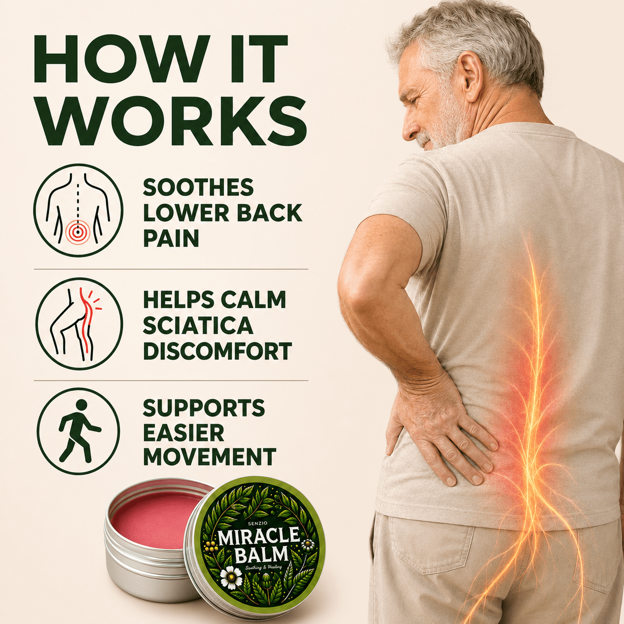 Senzio Miracle Balm™ - Sciatica - SenzioSenzioAn informational product graphic for a back pain relief balm. It features a man from behind holding his lower back, with a glowing orange-red pain zone overlay on his back.