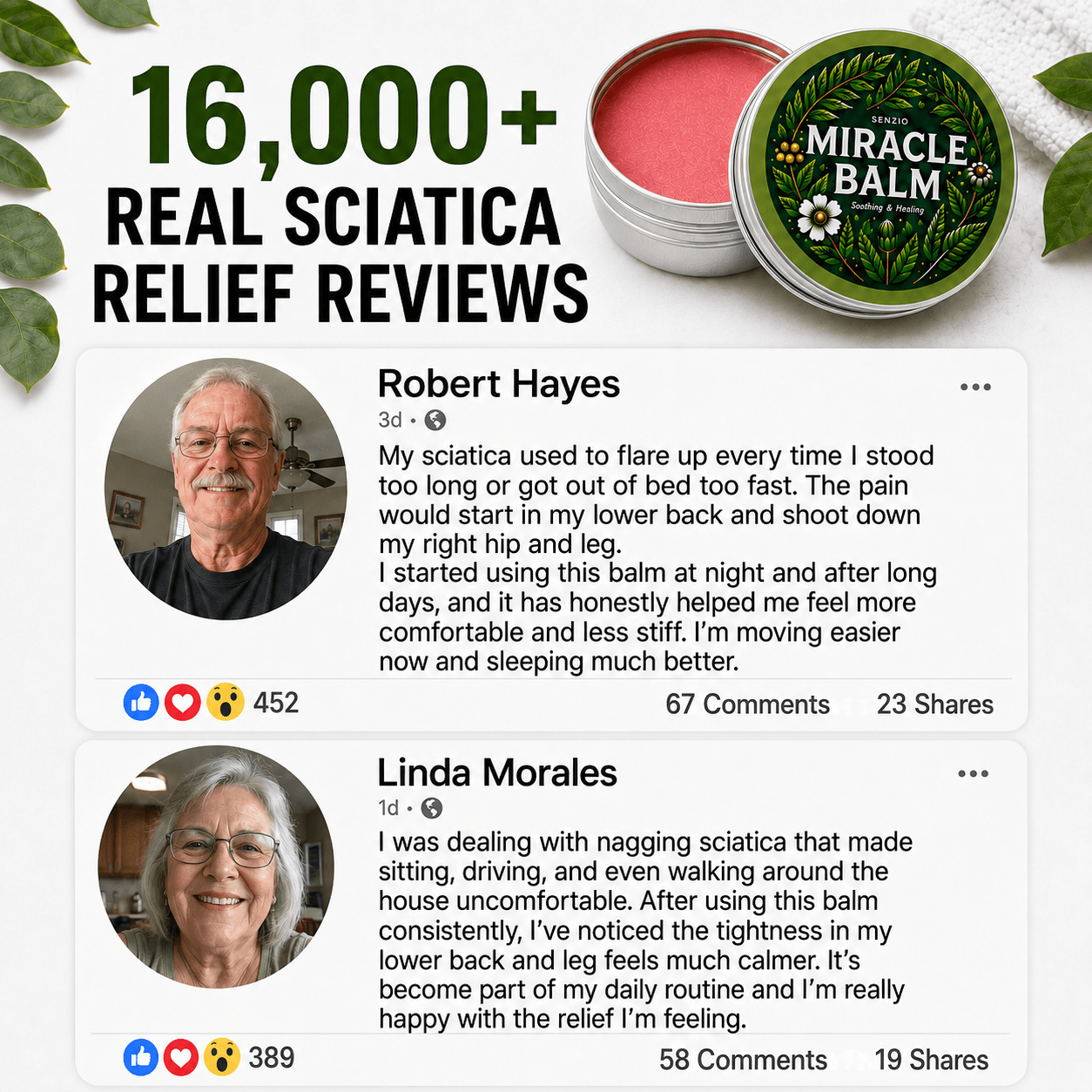 Senzio Miracle Balm™ - Sciatica - SenzioSenzioPromotional graphic for Miracle Balm featuring a round tin of pink balm, a social media-style review feed with user photos and text, and large headline text reading '16,000+ REAL SCIATICA RELIEF REVIEWS'.